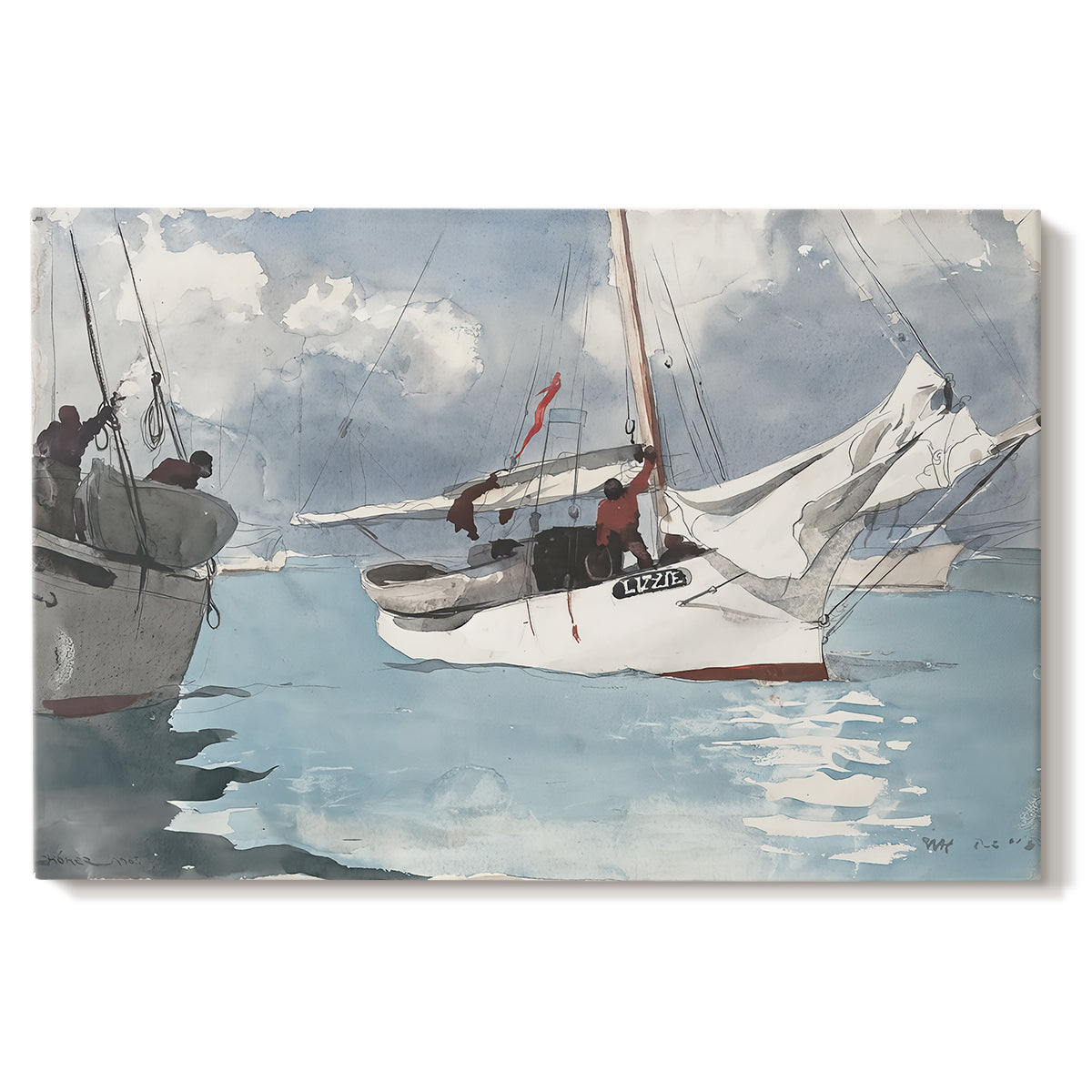 Canvas art print portraying small boats anchored in shallow water with shoreline in background, set against a white background