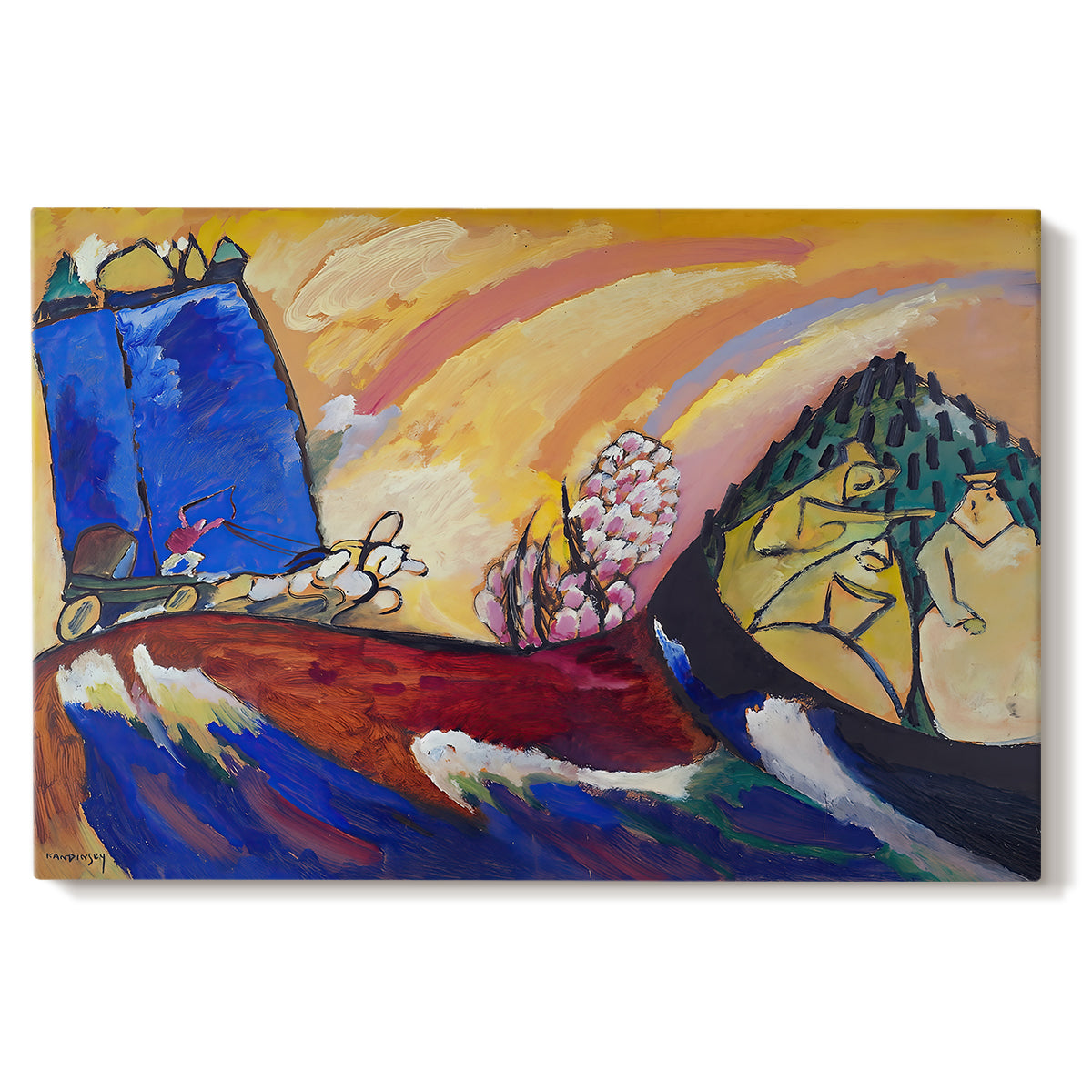 Canvas art print portraying abstracted figures and horses suggested through sweeping lines and vibrant colors, set against a white background