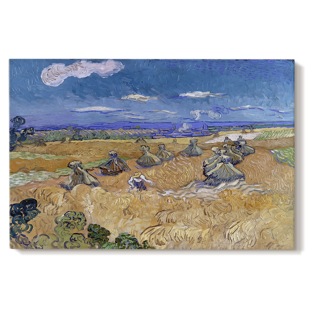 Canvas art print portraying a figure harvesting wheat in expansive field under bright sky, set against a white background