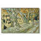Canvas art print portraying a road lined with large trees where workers are gathered along path, set against a white background