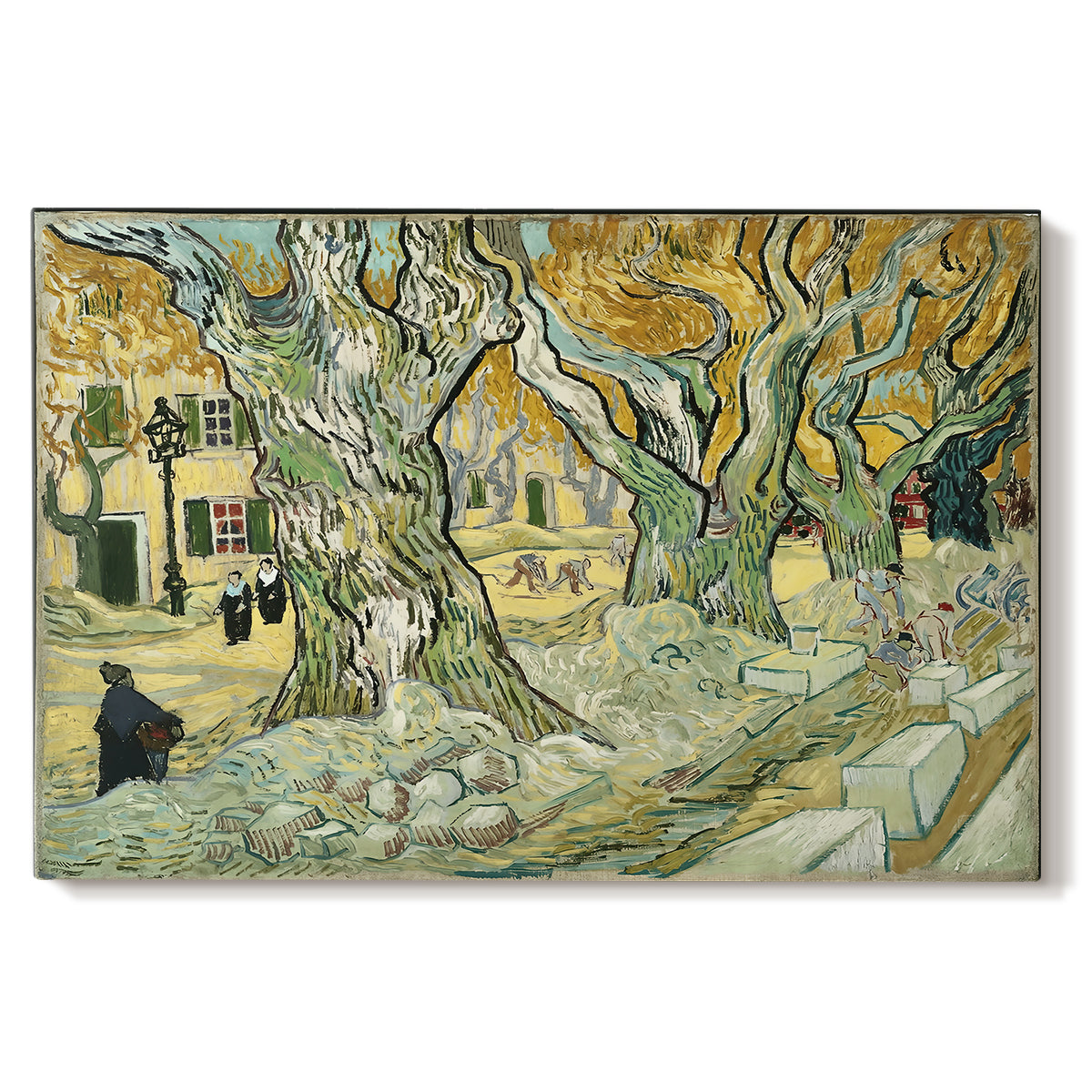 Canvas art print portraying a road lined with large trees where workers are gathered along path, set against a white background