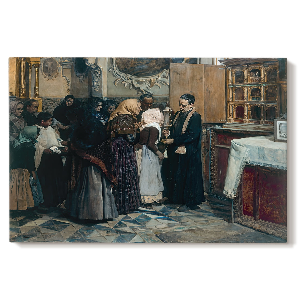 Canvas art print portraying figures gathered indoors kissing religious relic in ceremonial setting, set against a white background