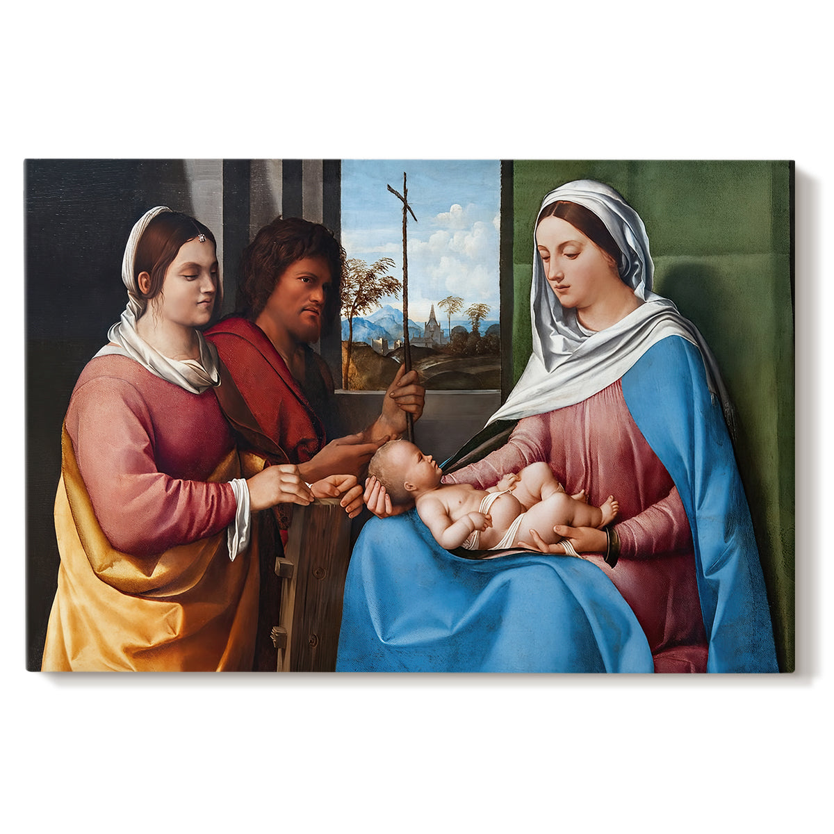Canvas art print portraying a group of figures seated together in calm religious setting with soft landscape background, set against a white background