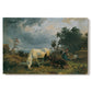 Canvas art print portraying grazing livestock resting in open heath landscape, set against a white background