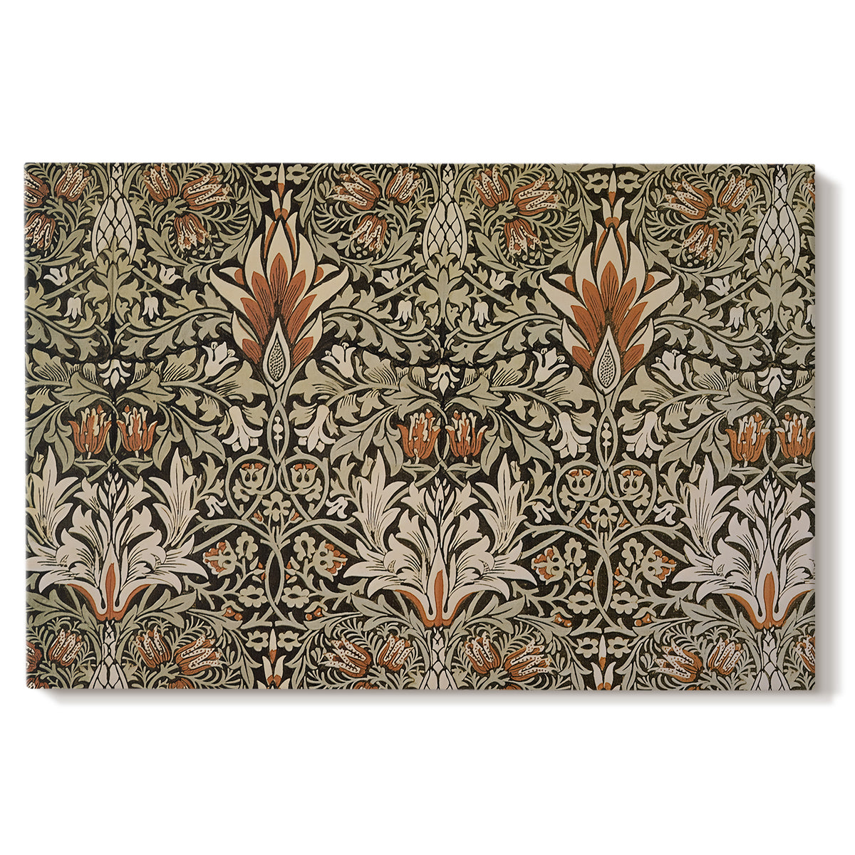 Canvas art print portraying a repeating floral pattern with dark background and warm-toned plant forms, set against a white background