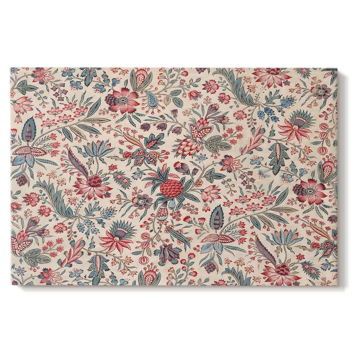 Canvas art print portraying a repeating floral and botanical pattern with intricate detailing on cream background, set against a white background