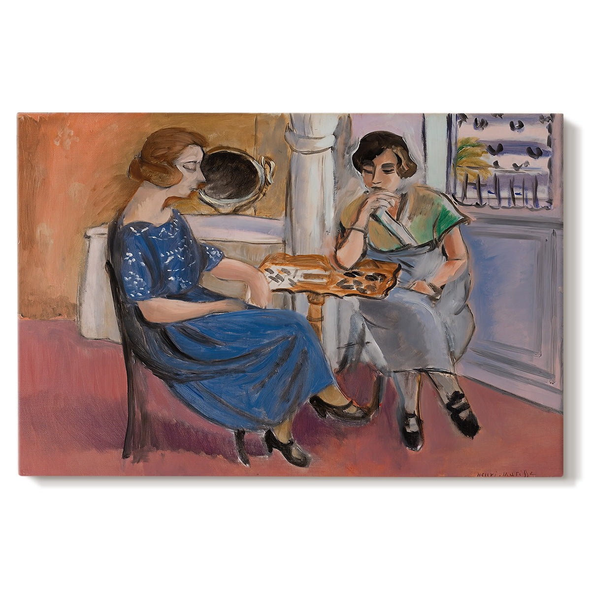 Canvas art print portraying two figures seated at a table playing dominoes in a colorful interior, set against a white background