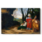 Canvas art print portraying three men standing outdoors in landscape engaged in thoughtful discussion, set against a white background