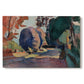 Canvas art print portraying a garden landscape with figure and dense greenery, set against a white background