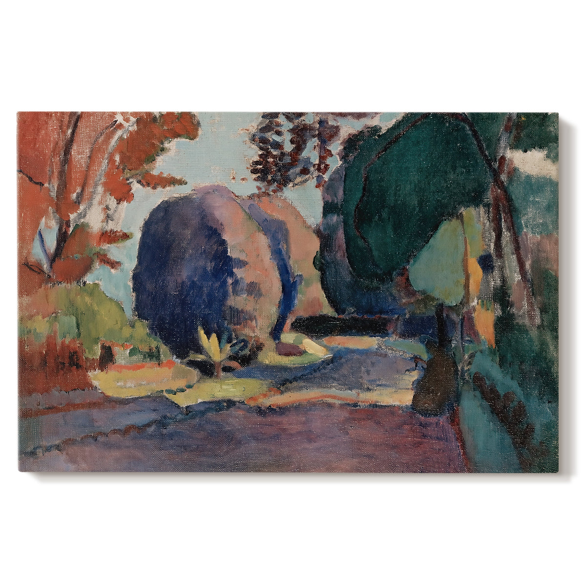 Canvas art print portraying a garden landscape with figure and dense greenery, set against a white background
