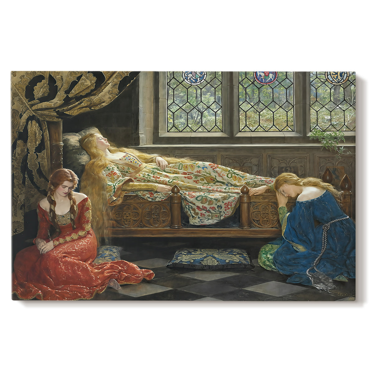 Canvas art print portraying a reclining female figure indoors in decorative setting, set against a white background