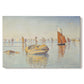 Canvas art print portraying a calm harbor with boats in morning light, set against a white background