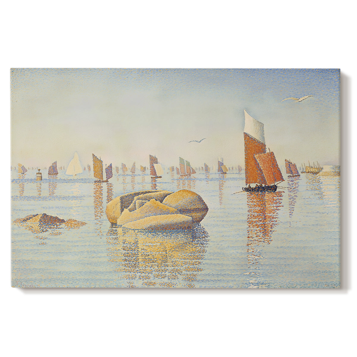 Canvas art print portraying a calm harbor with boats in morning light, set against a white background