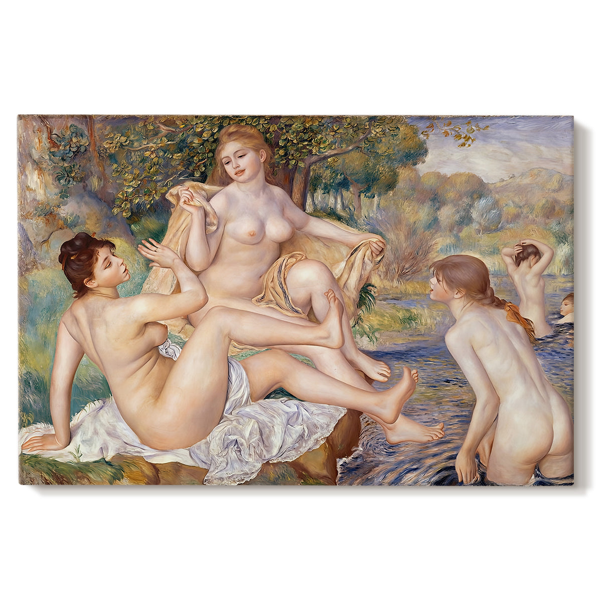 Canvas art print portraying a group of nude women bathing together in a sunlit natural landscape, set against a white background