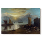 Canvas art print portraying a sunrise over harbor with fishermen working among boats, set against a white background