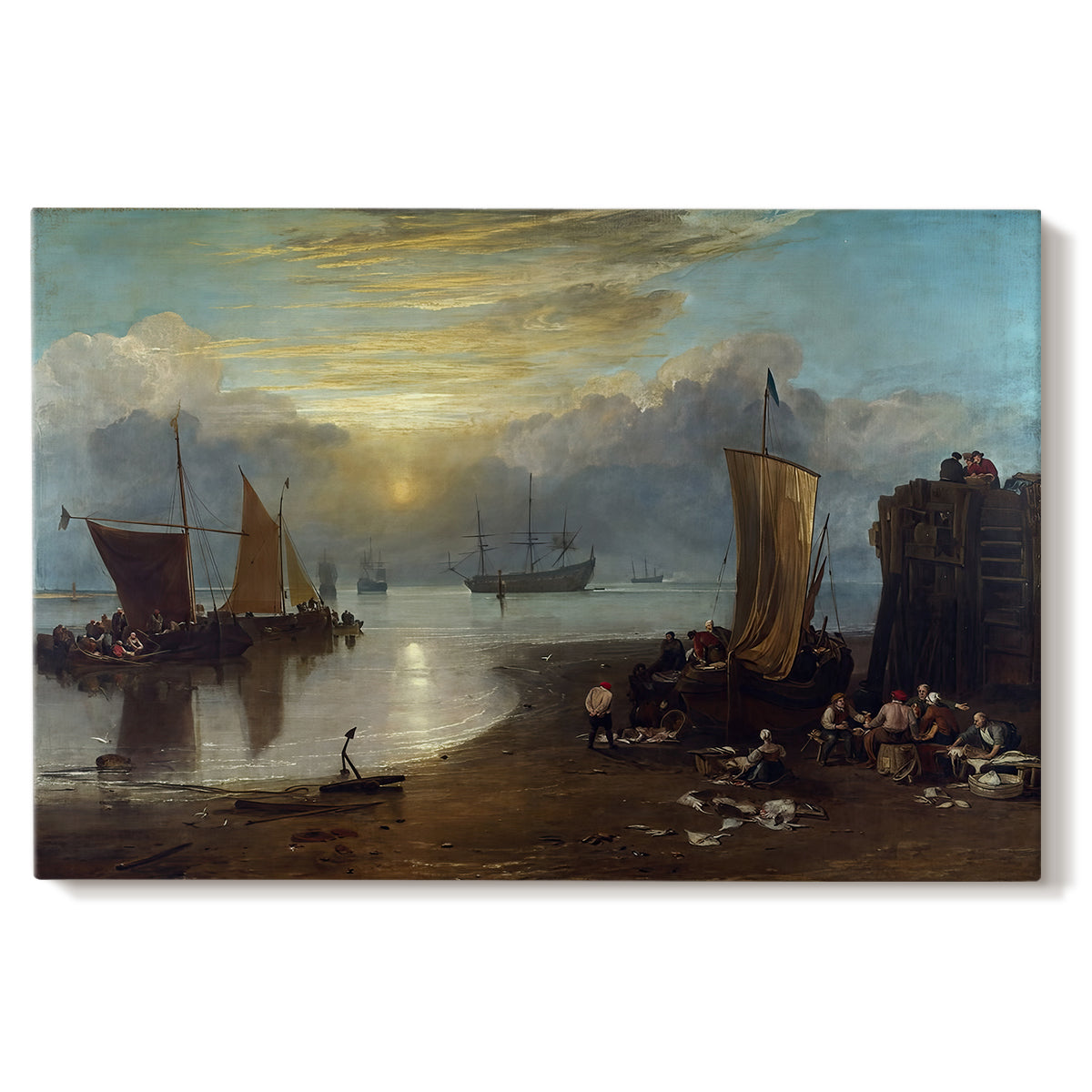 Canvas art print portraying a sunrise over harbor with fishermen working among boats, set against a white background