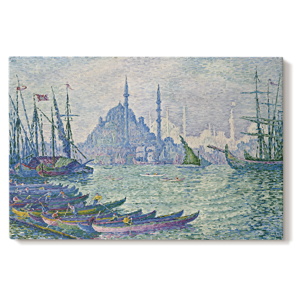 Canvas art print portraying a skyline with minarets rising above waterfront and boats, set against a white background
