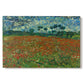 Canvas art print portraying a field dotted with red poppies stretching across green landscape, set against a white background