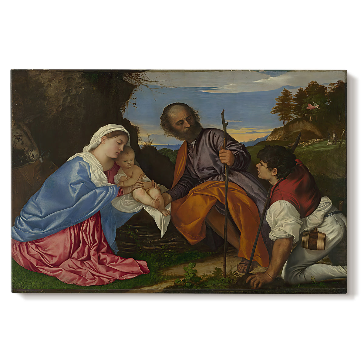 Canvas art print portraying a holy family gathered with shepherd in rustic outdoor setting, set against a white background