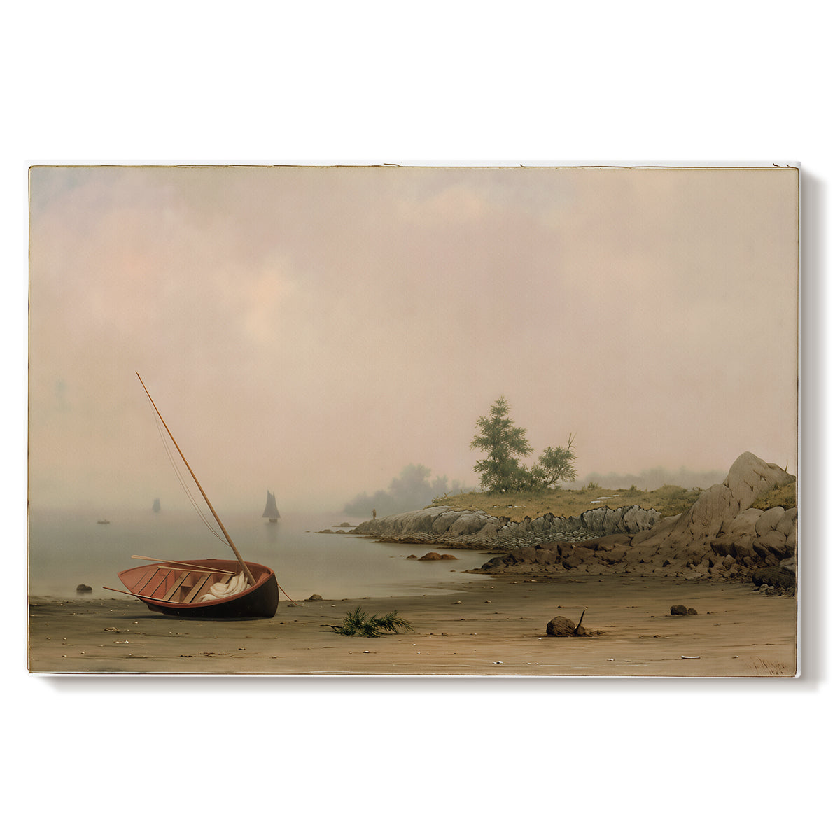 Canvas art print portraying a small boat resting on shoreline beside calm water and open sky, set against a white background
