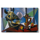 Canvas art print portraying a bull skull arranged with objects in angular cubist still life, set against a white background