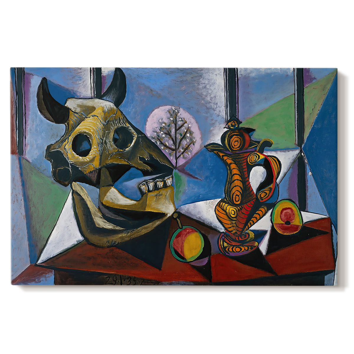 Canvas art print portraying a bull skull arranged with objects in angular cubist still life, set against a white background