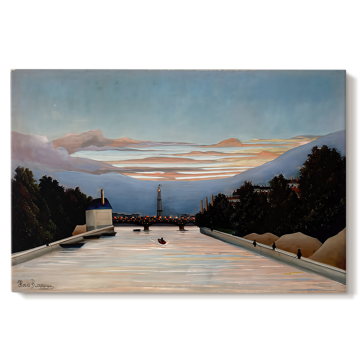 Canvas art print portraying the Eiffel Tower rising above landscape with trees and open sky, set against a white background