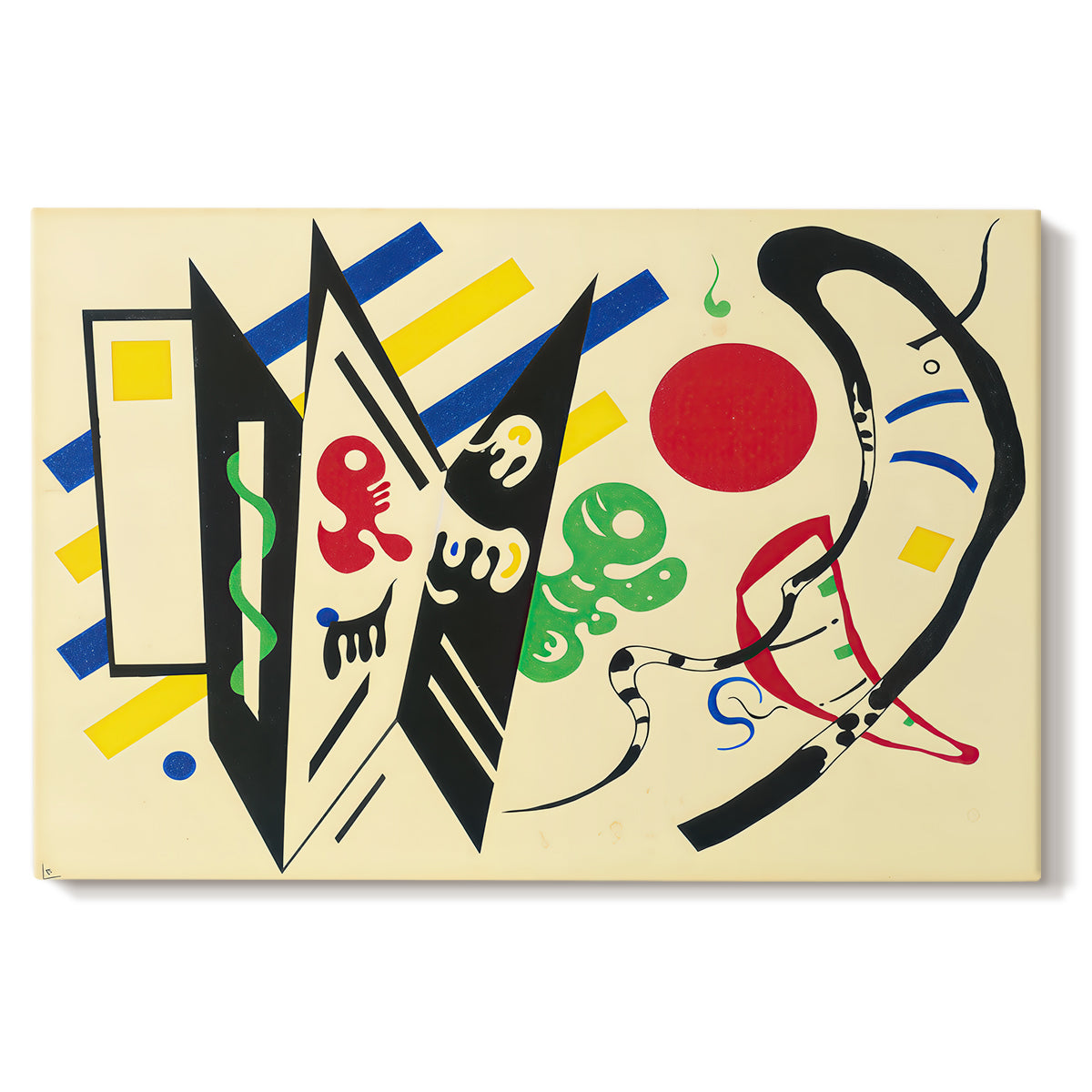 Canvas art print portraying an abstract composition of geometric shapes and lines arranged in balanced layout, set against a white background
