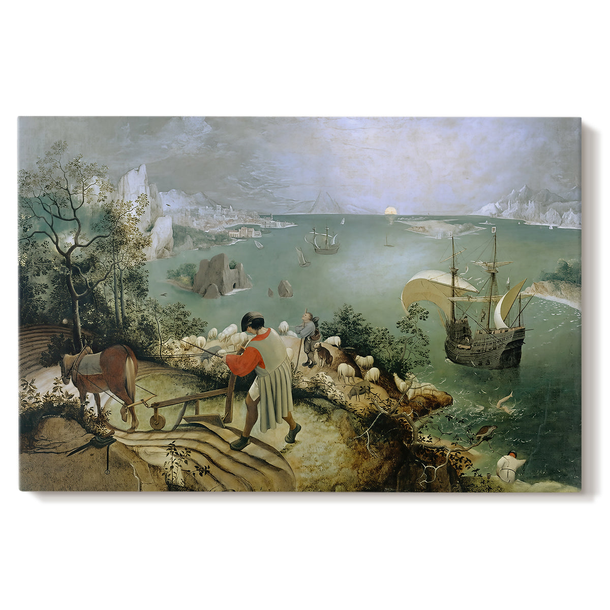 Canvas art print portraying a wide landscape with small figure falling into sea, set against a white background