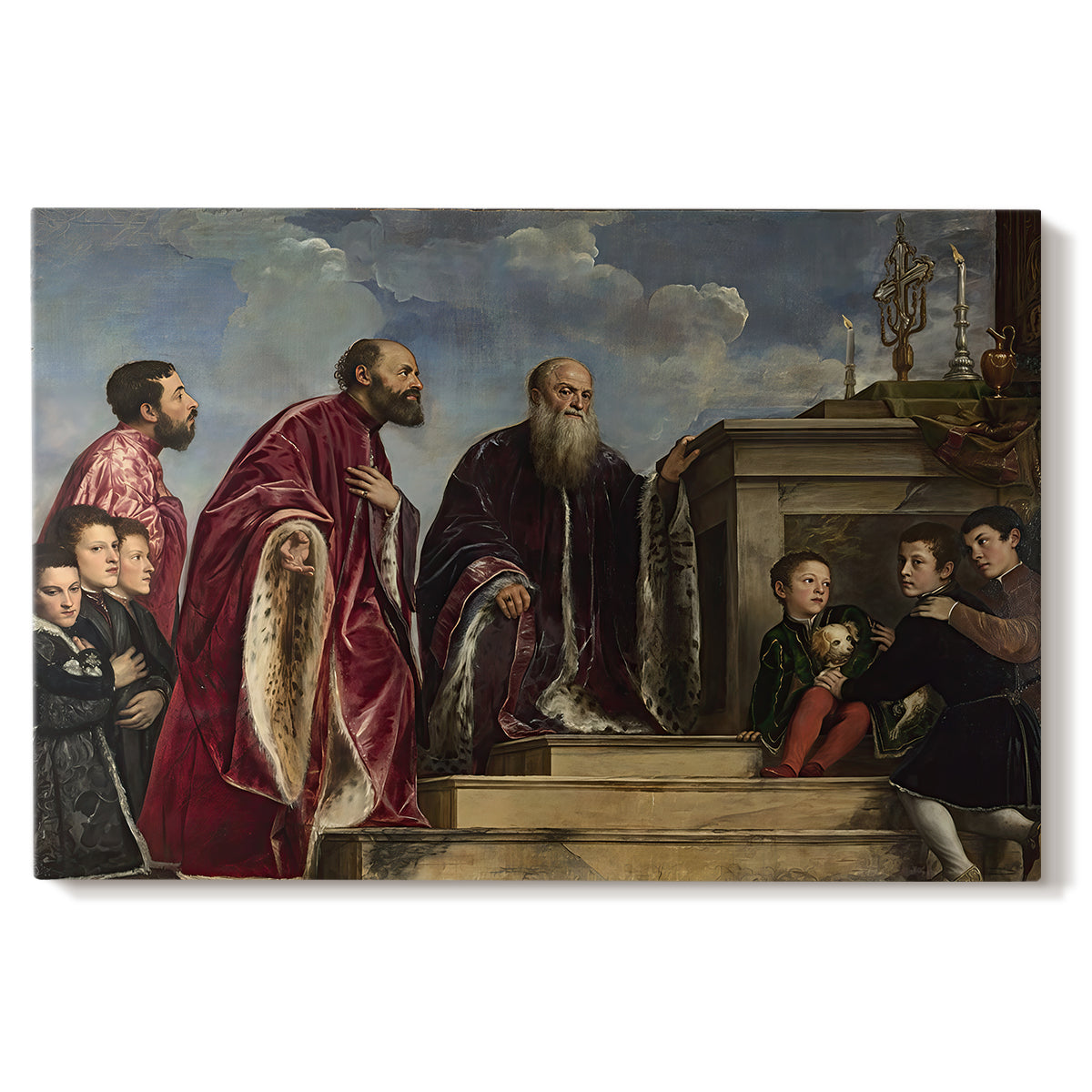 Canvas art print portraying a family group standing in reverent pose before sacred relic in formal interior, set against a white background