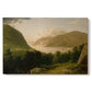 Canvas art print portraying a calm river landscape with trees and distant hills under soft light, set against a white background