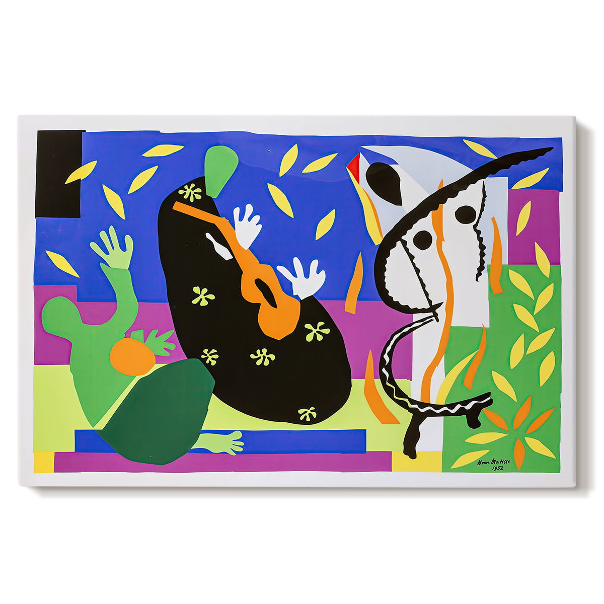 Canvas art print portraying an abstract composition with musician-like figure and shapes, set against a white background