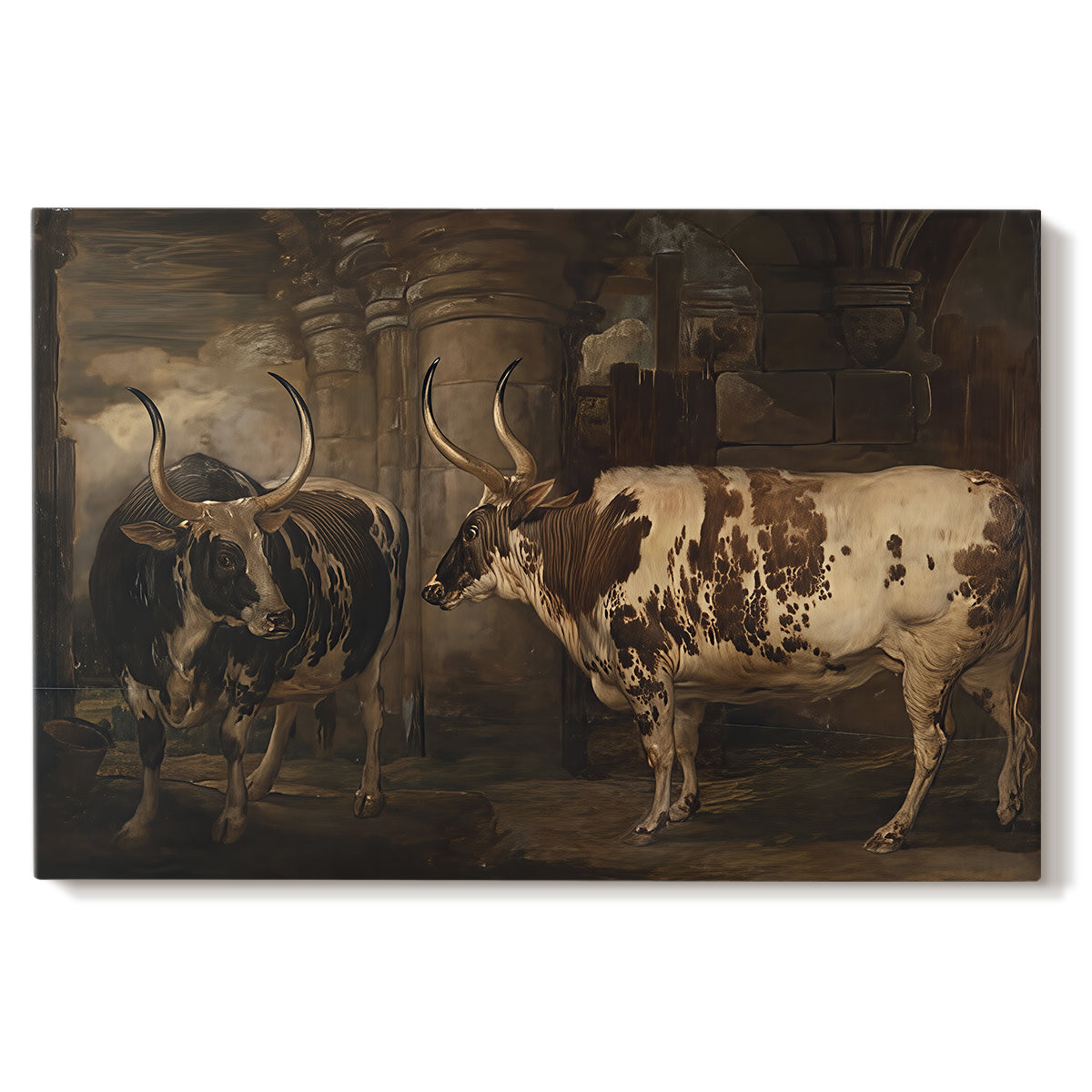 Canvas art print portraying two oxen standing side by side in open rural landscape, set against a white background