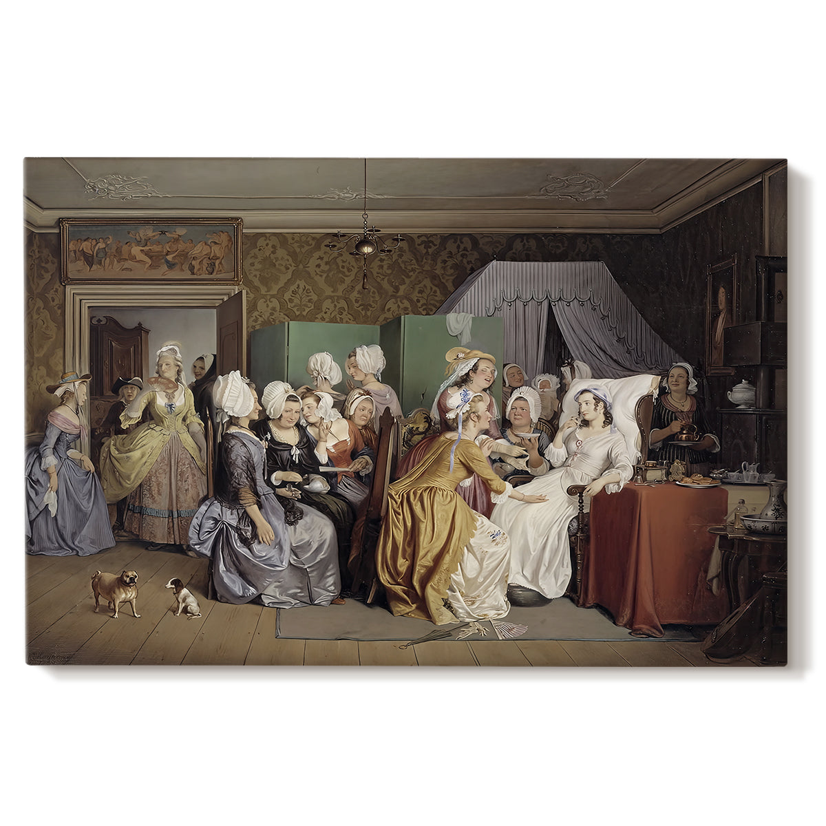Canvas art print portraying women gathered around mother and newborn in domestic interior, set against a white background