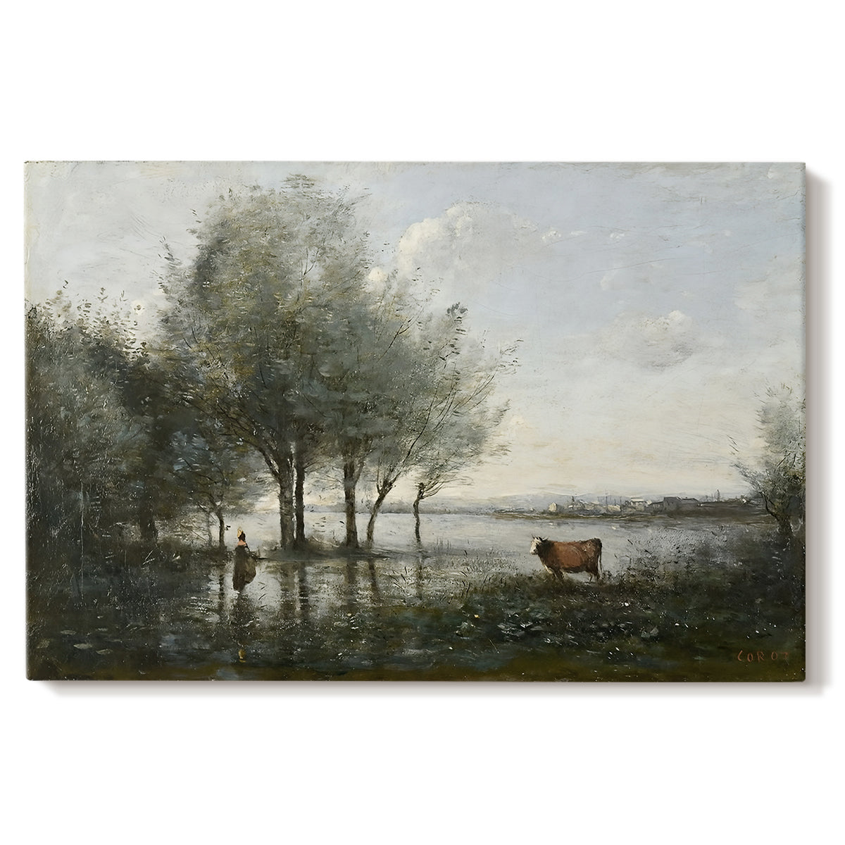 Canvas art print portraying a marshy landscape with water, trees, and soft atmospheric light, set against a white background