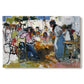 Canvas art print portraying a group of workers repairing fishing nets in outdoor coastal setting, set against a white background