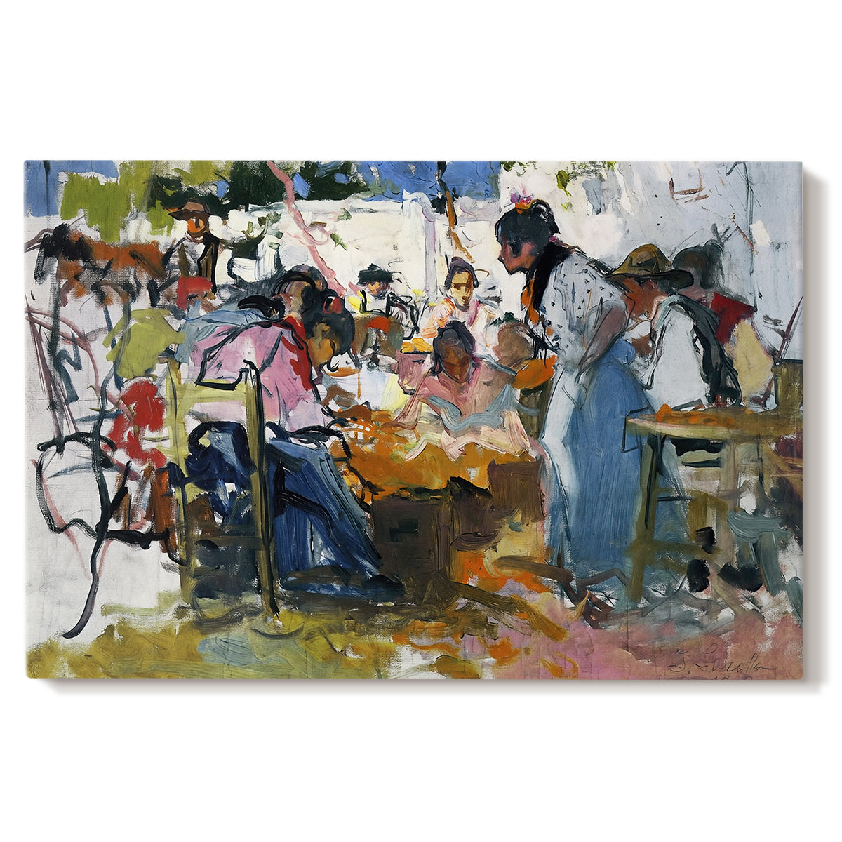 Canvas art print portraying a group of workers repairing fishing nets in outdoor coastal setting, set against a white background