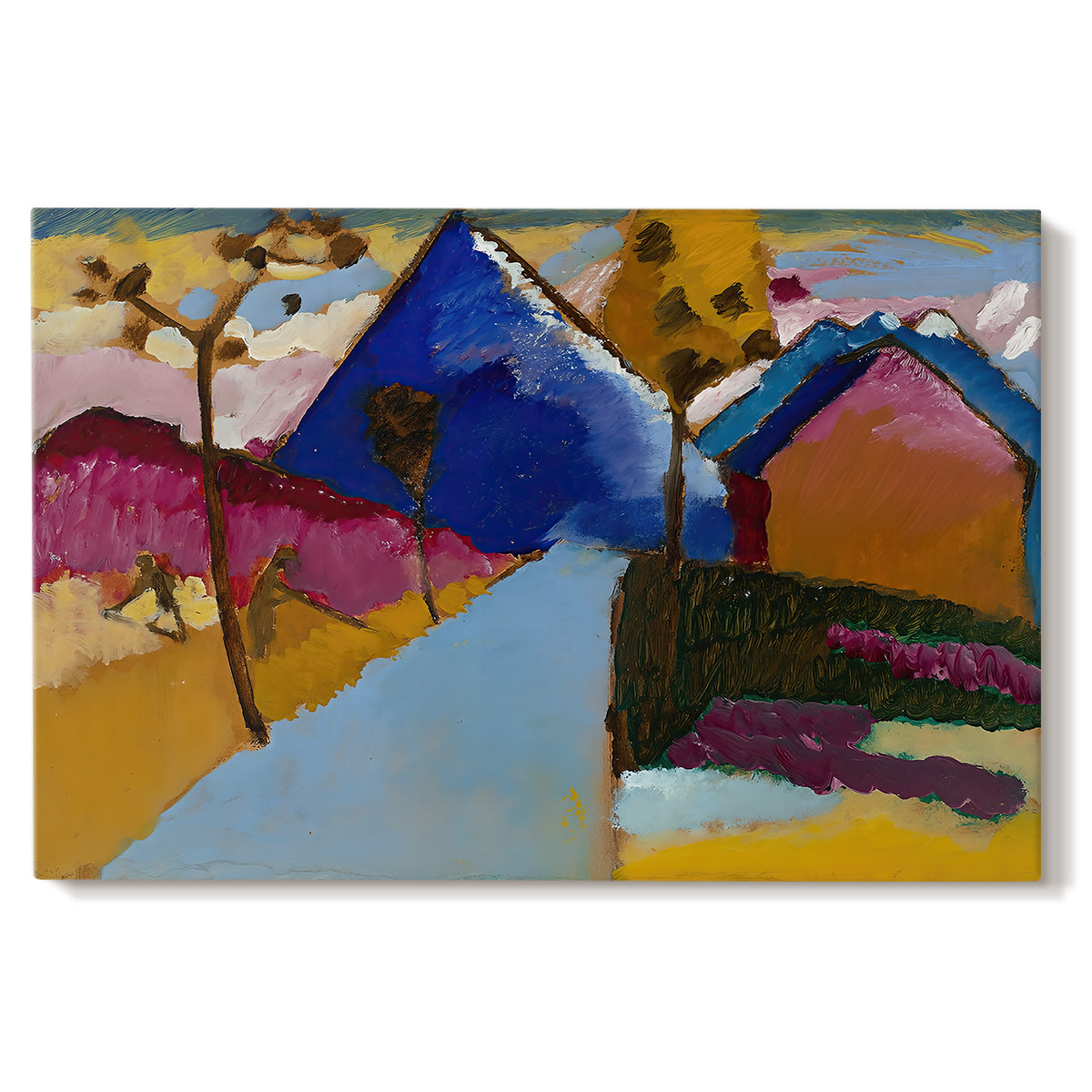 Canvas art print portraying a simplified street scene with buildings and landscape rendered in bold color blocks, set against a white background