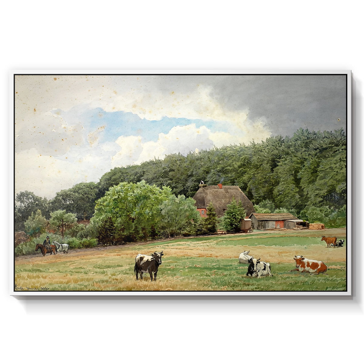Farm with Grazing Cows (Bondegård med beitende kuer), 1892 - Floater Framed Canvas Print