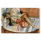 Canvas art print portraying a reclining woman resting on patterned textiles in a decorative interior, set against a white background