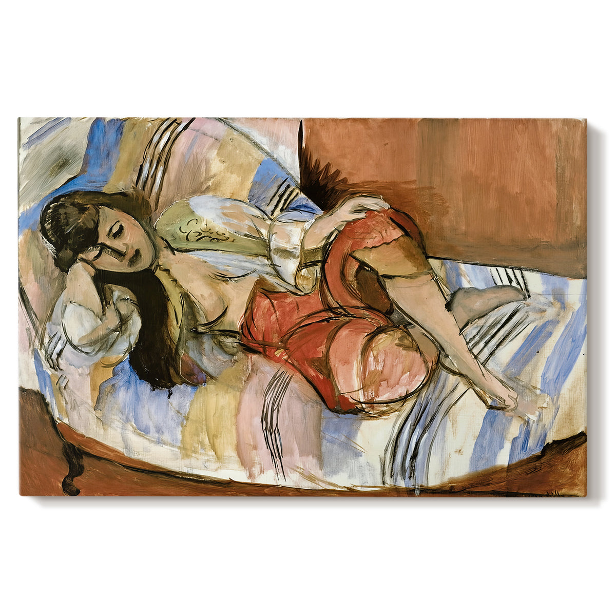 Canvas art print portraying a reclining woman resting on patterned textiles in a decorative interior, set against a white background