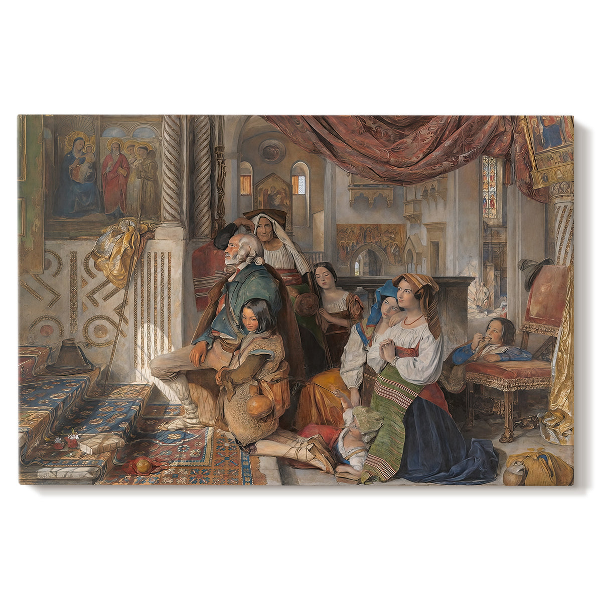 Canvas art print portraying a group of figures gathered outdoors in travel or religious setting, set against a white background
