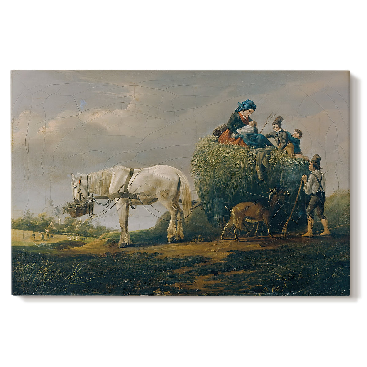 Canvas art print portraying a wagon carrying hay through countryside, set against a white background