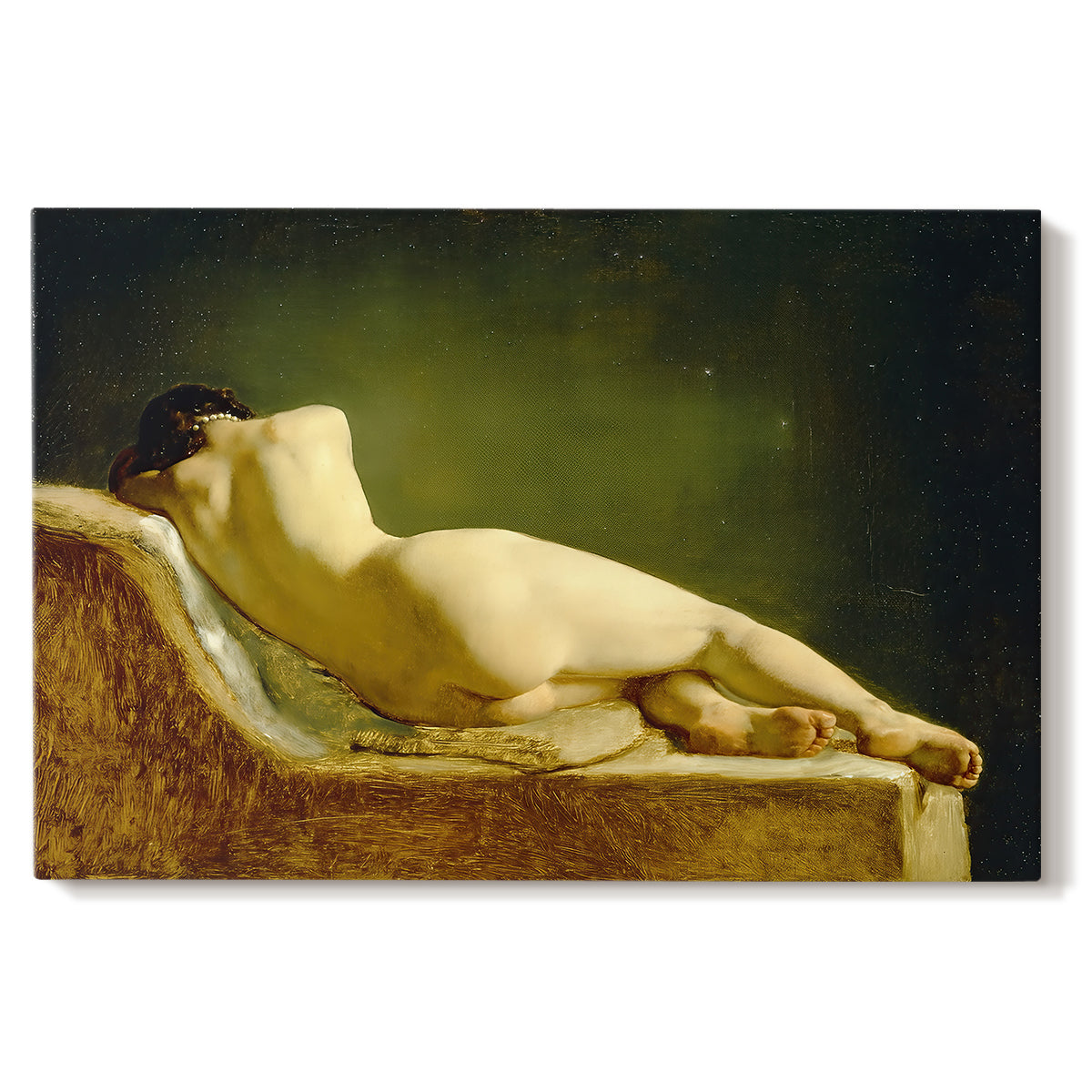 Canvas art print portraying a nude figure lying on couch in relaxed pose within interior setting, set against a white background