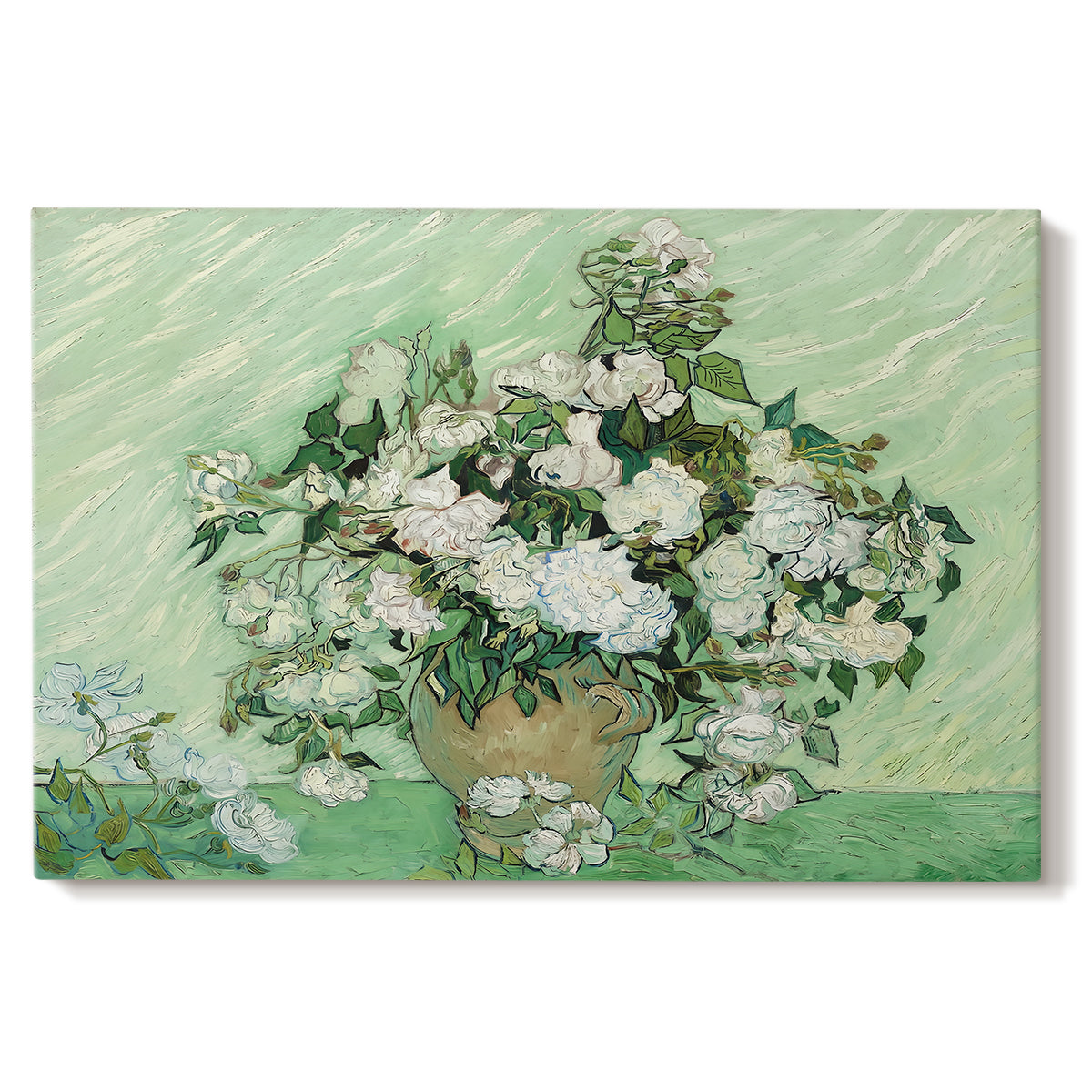 Canvas art print portraying a cluster of roses arranged in soft still life with light background, set against a white background