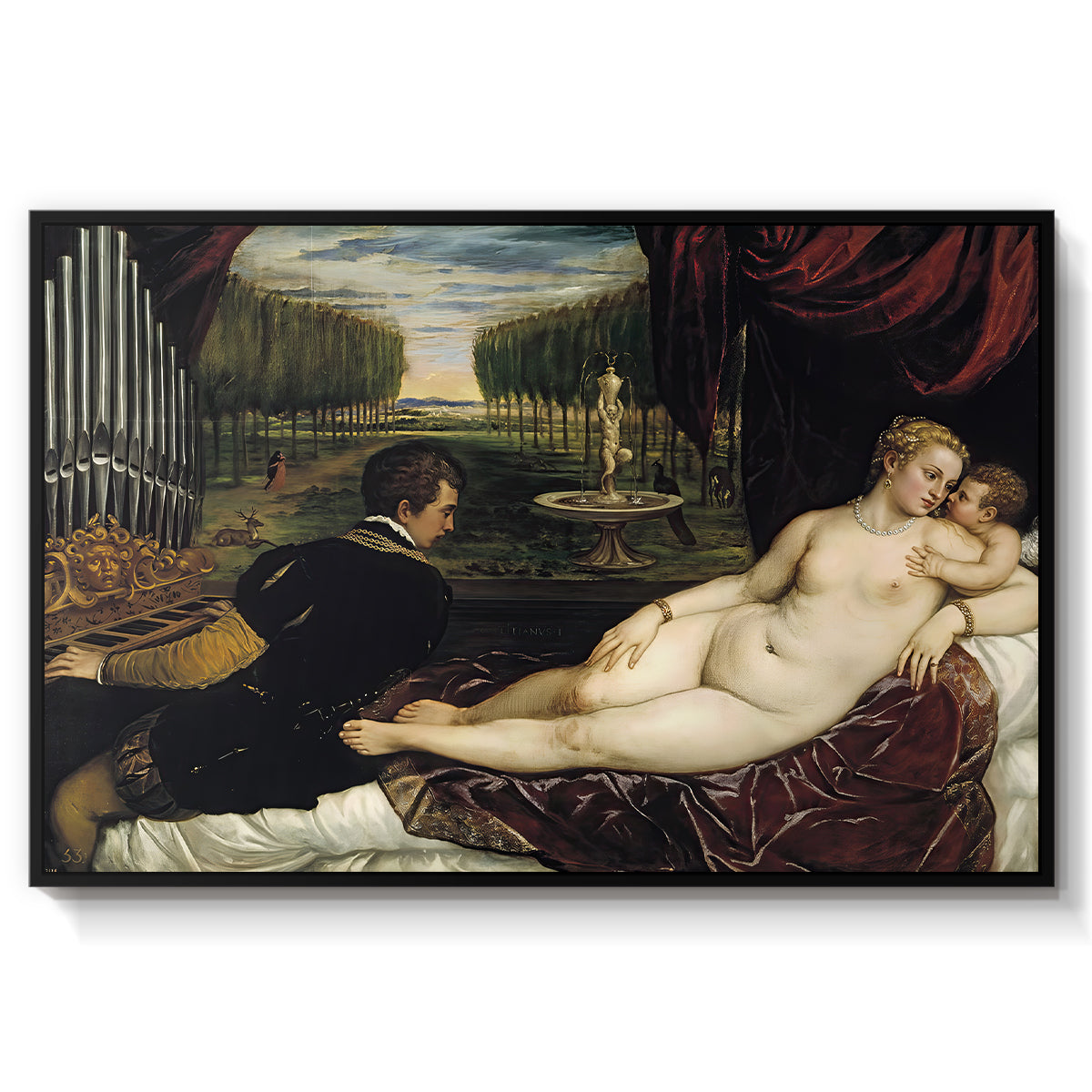 Venus with an Organist and Cupid, c. 1555 - Floater Framed Canvas Print
