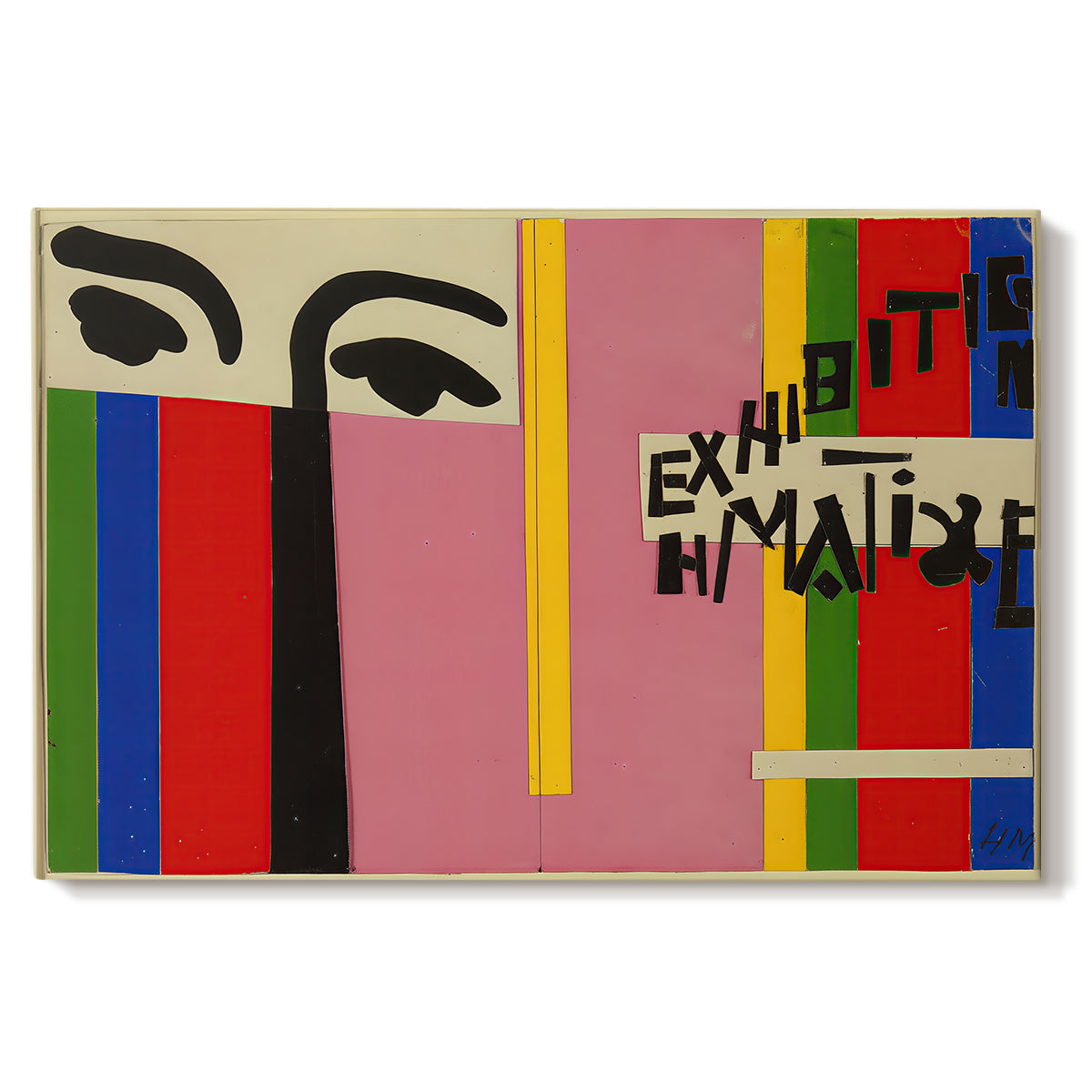 Canvas art print portraying an abstract graphic design with vertical color bands and simplified shapes, set against a white background