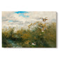 Canvas art print portraying ducks moving through grassy wetland near water's edge, set against a white background
