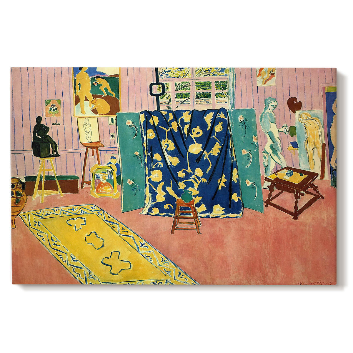 Canvas art print portraying a studio interior filled with objects in pink tones, set against a white background