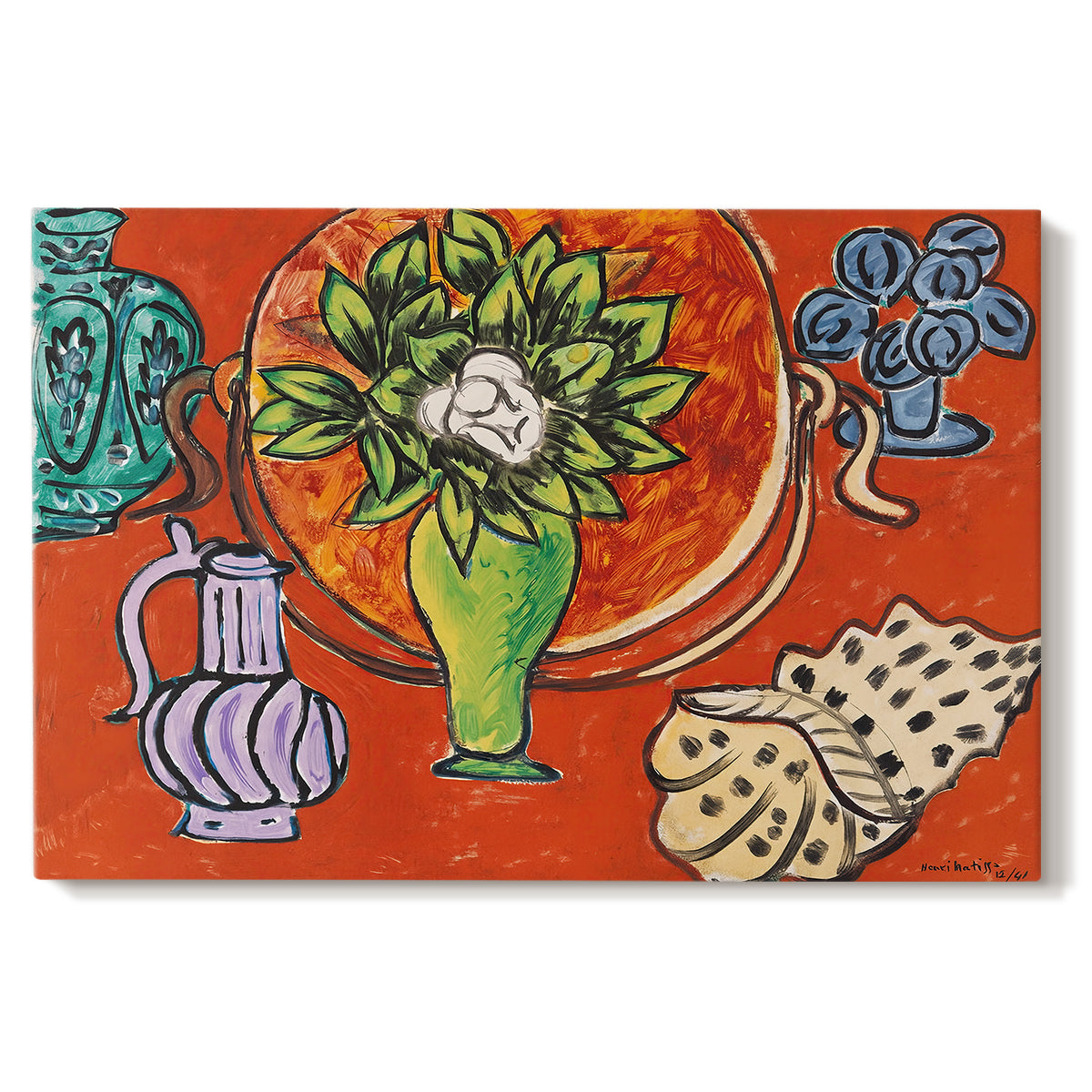 Canvas art print portraying magnolia flowers arranged in a vase within a patterned still life, set against a white background
